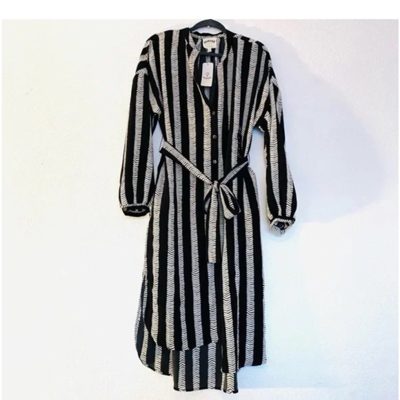 DUBGEE By Whoopi Button Black White Long Sleeve Hi-Low Belted Tunic Dress SZ-2X - Picture 2 of 7
